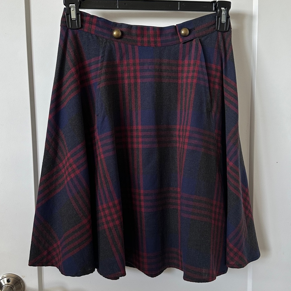 Anthropologie Denim Sailor Skirt Plaid A-Line Red NavyGrey - Picture 4 of 11